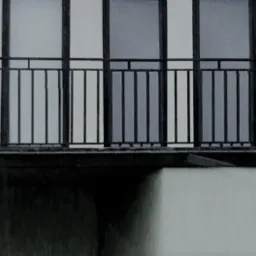 Czarna, metalowa balustrada balkonowa z pionowymi prętami na tle białej ściany budynku z trzema oknami.