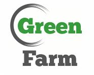 Logo firmy Green Farm z zielonym napisem Green i szarym napisem Farm poniżej, otoczone szarym półokręgiem.
