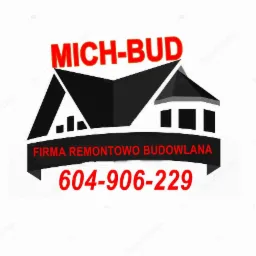 Logo firmy remontowo-budowlanej Mich-Bud z numerem telefonu 604-906-229, stylizowane na dom w czarno-białej kolorystyce z czerwonymi napisami.