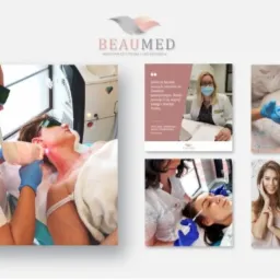 Kolaż zdjęć z gabinetu medycyny estetycznej: zabieg laserowy na szyi pacjentki, lekarz w masce, pacjentka podczas zabiegu na twarz, uśmiechnięta kobieta.