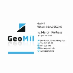 Wizytówka firmy GeoMil świadczącej usługi geologiczne, z logo, danymi kontaktowymi i adresem.