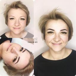 Makijaż permanentny Charlene Miś - Kobieta przed i po zabiegu makijażu permanentnego brwi; widoczne różnice w kształcie i intensywności koloru brwi, uśmiechnięta twarz, jasne włosy.