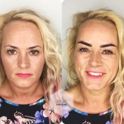 Makijaż permanentny Charlene Miś - Kobieta przed i po makijażu permanentnym brwi i ust, widoczne różnice w kolorze i kształcie brwi oraz intensywności koloru ust.