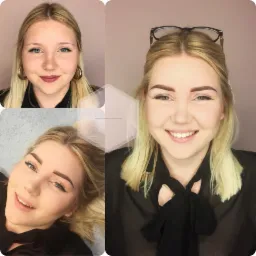 Kolaż przedstawiający blondynkę przed i po zabiegu microbladingu brwi, z widoczną różnicą w ich kształcie i gęstości. Na jednym ujęciu leży na leżance zabiegowej.