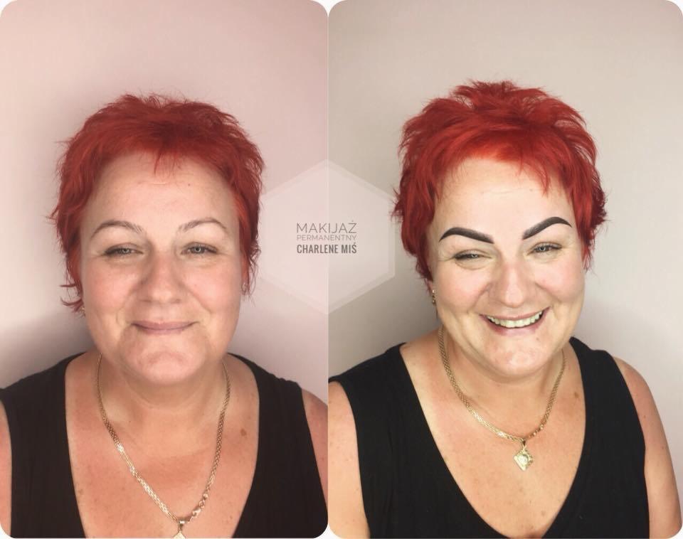 Kobieta z rudymi włosami przed i po makijażu permanentnym brwi, uśmiechnięta i zadowolona z efektu.