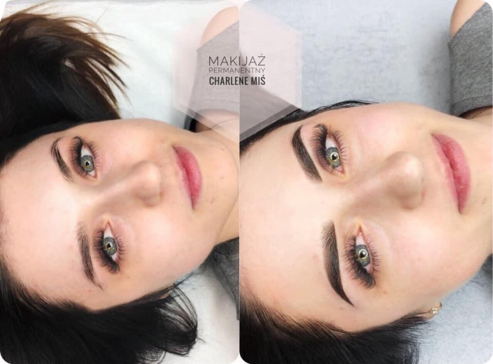 Zdjęcie 'przed i po' prezentujące efekt makijażu permanentnego brwi na twarzy kobiety z zielonymi oczami, widoczne subtelne zmiany w kształcie i kolorze brwi.
