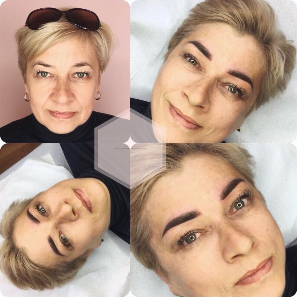 Kolaż czterech zbliżeń twarzy kobiety przed i po zabiegu stylizacji brwi, ukazujący subtelną różnicę w kształcie i kolorze brwi.