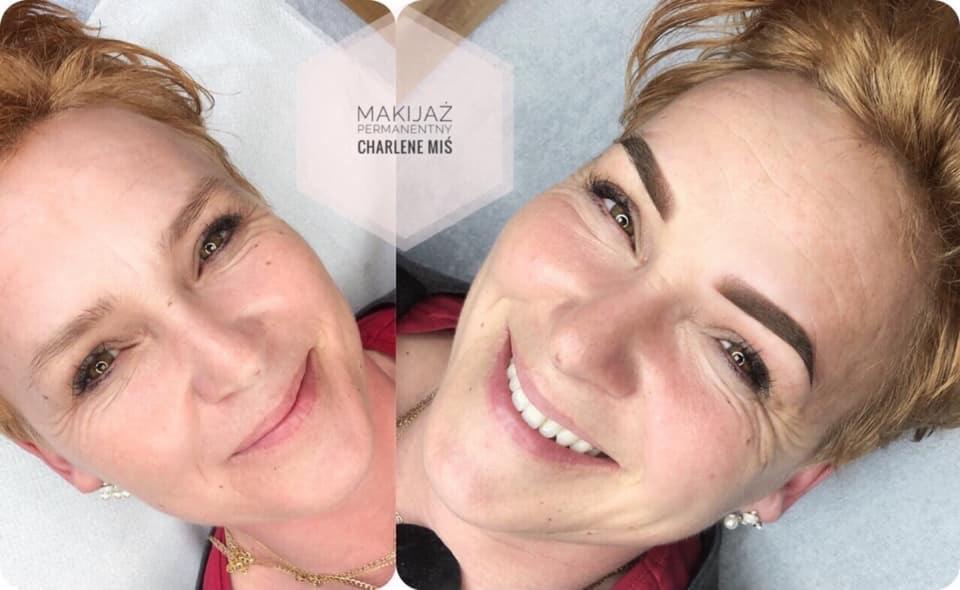 Kolaż przedstawiający twarz kobiety przed i po zabiegu permanentnego podkreślenia brwi, widoczne subtelne zmiany w kształcie i kolorze brwi. Po prawej stronie widoczny uśmiech i świeżo wykonany...