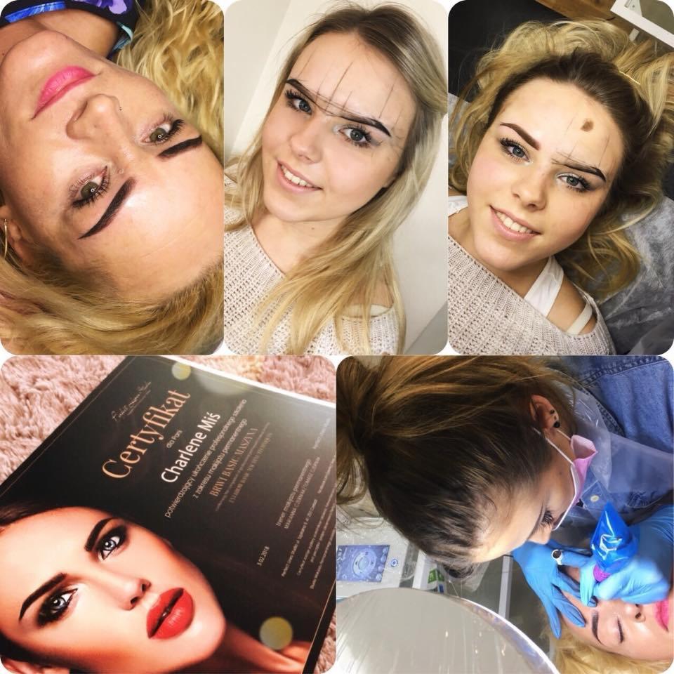 Montaż zdjęć: kobieta po zabiegu makijażu permanentnego brwi, kobieta z zaznaczonym kształtem brwi przed zabiegiem, certyfikat ukończenia kursu makijażu permanentnego.