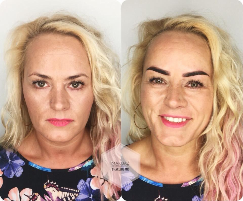 Kobieta przed i po makijażu permanentnym brwi i ust, widoczne różnice w kolorze i kształcie brwi oraz intensywności koloru ust.