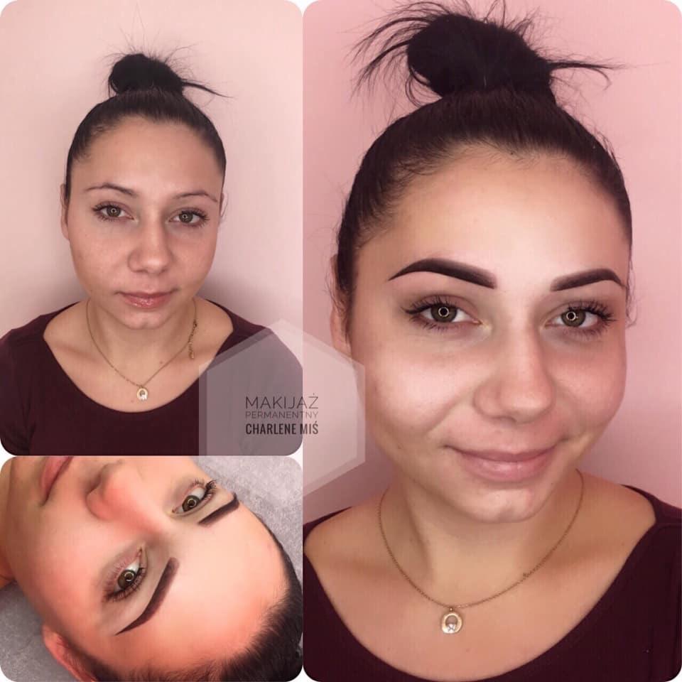 Kolaż przedstawiający metamorfozę brwi: zdjęcie przed, po zabiegu i zbliżenie na brwi po zabiegu permanentnym, ukazujące precyzyjny kształt i naturalny efekt.