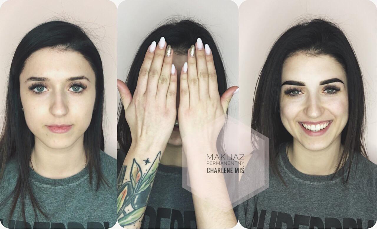 Kolaż przedstawiający metamorfozę kobiety: przed, w trakcie (dłonie z manicure zakrywają twarz) i po wykonaniu makijażu permanentnego brwi i przedłużeniu rzęs.