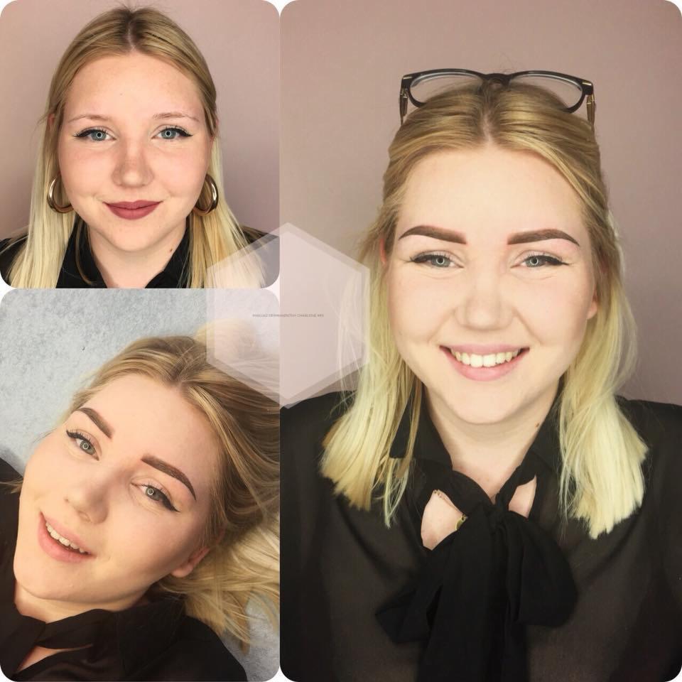 Kolaż przedstawiający blondynkę przed i po zabiegu microbladingu brwi, z widoczną różnicą w ich kształcie i gęstości. Na jednym ujęciu leży na leżance zabiegowej.