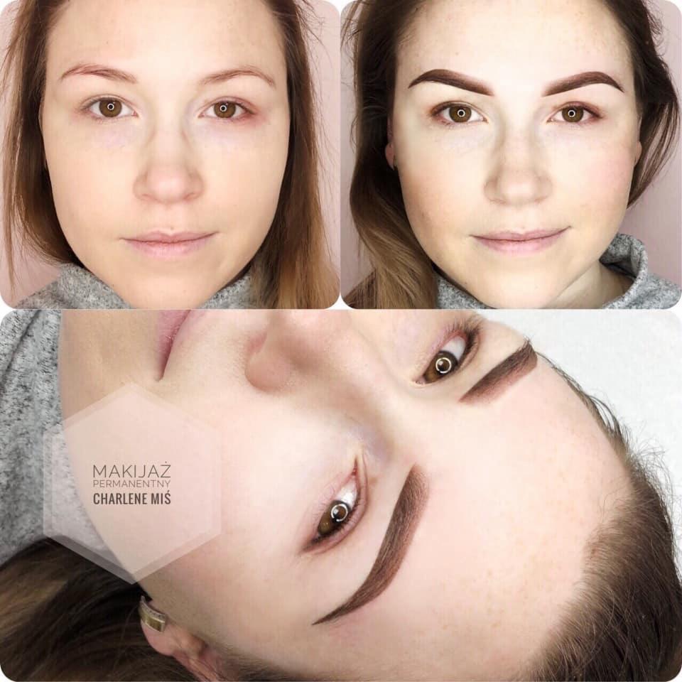 Zdjęcie przedstawia metamorfozę brwi przed i po zabiegu makijażu permanentnego. Na górze po lewej stronie widoczna twarz kobiety przed zabiegiem, po prawej po zabiegu, na dole zbliżenie na brwi po...