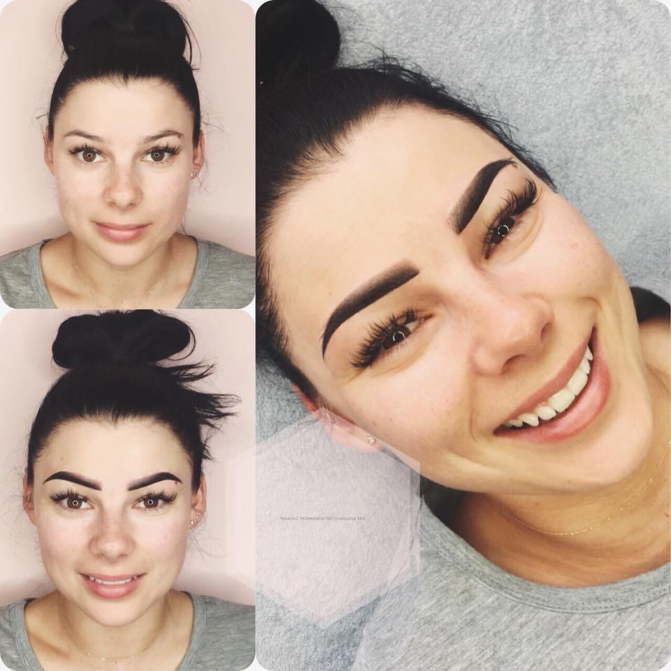 Kolaż przedstawiający metamorfozę brwi klientki: przed i po zabiegu pigmentacji permanentnej, widoczne gęste, ciemne brwi i długie rzęsy.