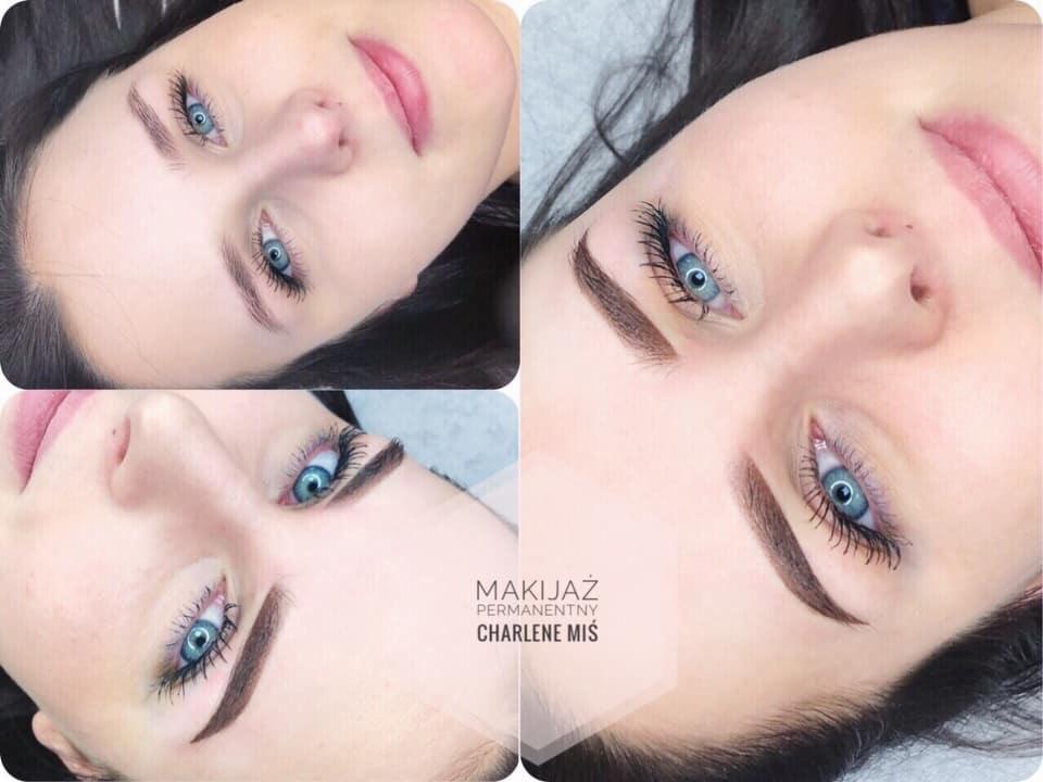 Potrójne ujęcie twarzy kobiety z wyraźnie podkreślonymi brwiami po makijażu permanentnym we Wrocławiu, z widocznym logo firmy w prawym dolnym rogu.