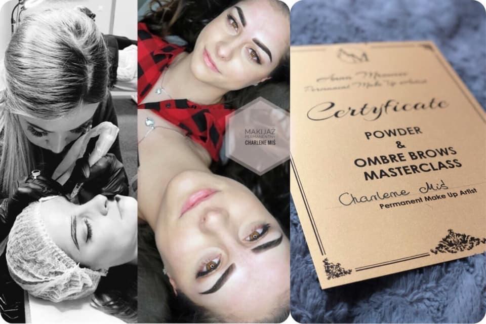 Montaż zdjęć: permanentny makijaż brwi w trakcie wykonywania techniką microblading, efekt po zabiegu oraz certyfikat ukończenia kursu Powder & Ombre Brows Masterclass.