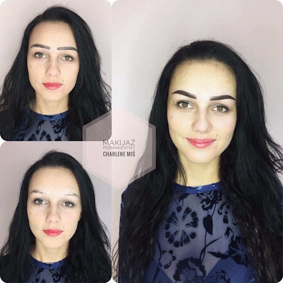 Kolaż przedstawiający metamorfozę brwi kobiety przed i po makijażu permanentnym, z logo salonu w centrum.