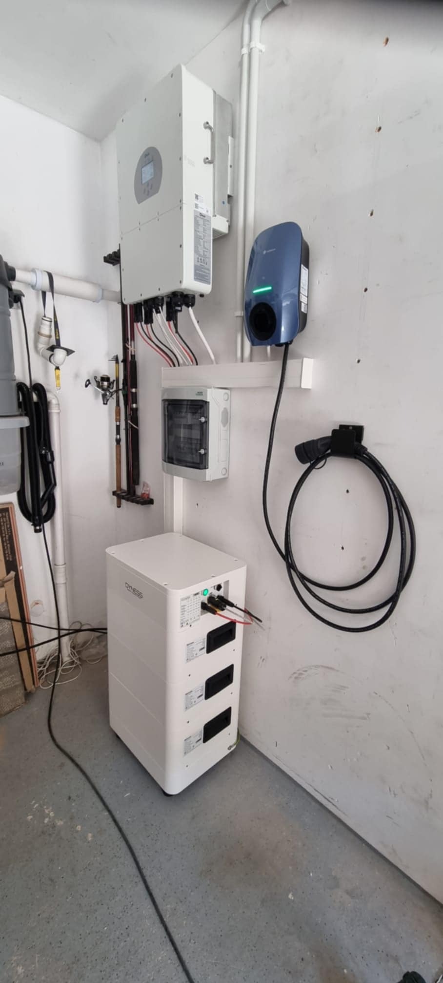Kompletna instalacja domowa: biały inwerter, akumulator energii, rozdzielnica i ładowarka EV na ścianie w garażu. Widoczne przewody i elementy montażowe.
