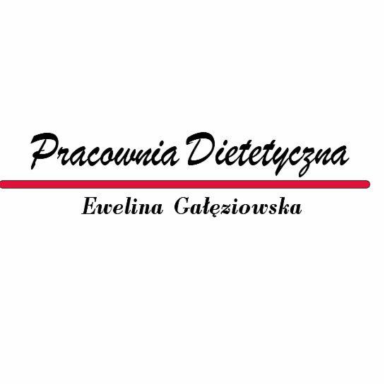 Logo Pracowni Dietetycznej Ewelina Gałęziowska z ozdobnym krojem pisma i czerwoną linią.