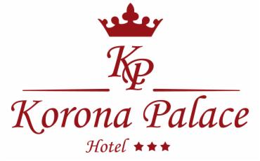 Logo hotelu Korona Palace z trzema gwiazdkami, umieszczone pod koroną i inicjałami KP, wszystko w kolorze czerwonym na białym tle.