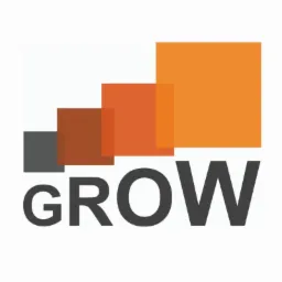 Logo firmy z napisem 'GROW' i rosnącymi kwadratami w odcieniach szarości i pomarańczu, symbolizujące wzrost i rozwój.