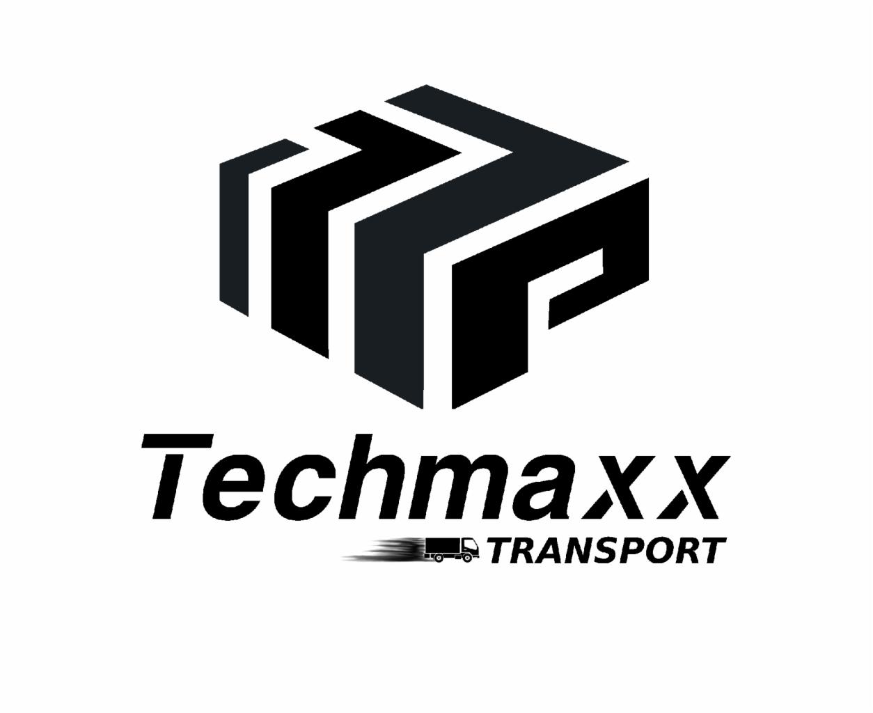 Logo firmy Techmaxx Transport z Sułkowic, przedstawiające abstrakcyjny sześcian z ciemnych bloków i stylizowany rysunek ciężarówki w ruchu.