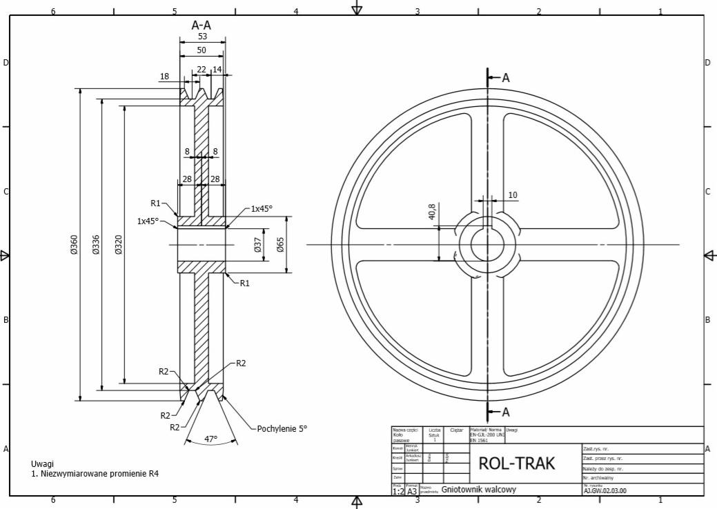 Rysunek techniczny gniotownika walcowego z przekrojem poprzecznym, zawierający wymiary i oznaczenia, sporządzony w czerni na białym tle.