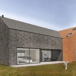 Wizualizacja nowoczesnego domu dwukondygnacyjnego z dwiema bryłami o różnej fakturze elewacji: szara kamienna i pomarańczowa otynkowana, duże przesuwne okna wychodzące na taras, dziecko na trawniku.