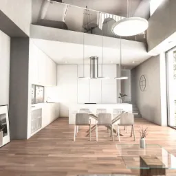 Wnętrze nowoczesnego domu z otwartą przestrzenią: salon, jadalnia i kuchnia w minimalistycznej bieli, z dużym oknem panoramicznym i antresolą. Widoczne detale: drewniana podłoga, szklany stolik...