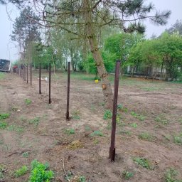 Concrete Road Dominik Ochman - Montaż ogrodzenia: Metalowe słupki wkopane w ziemię, ustawione w rzędzie, tworzące linię przyszłego ogrodzenia na działce z drzewami w tle. Widoczny samochód dostawczy.