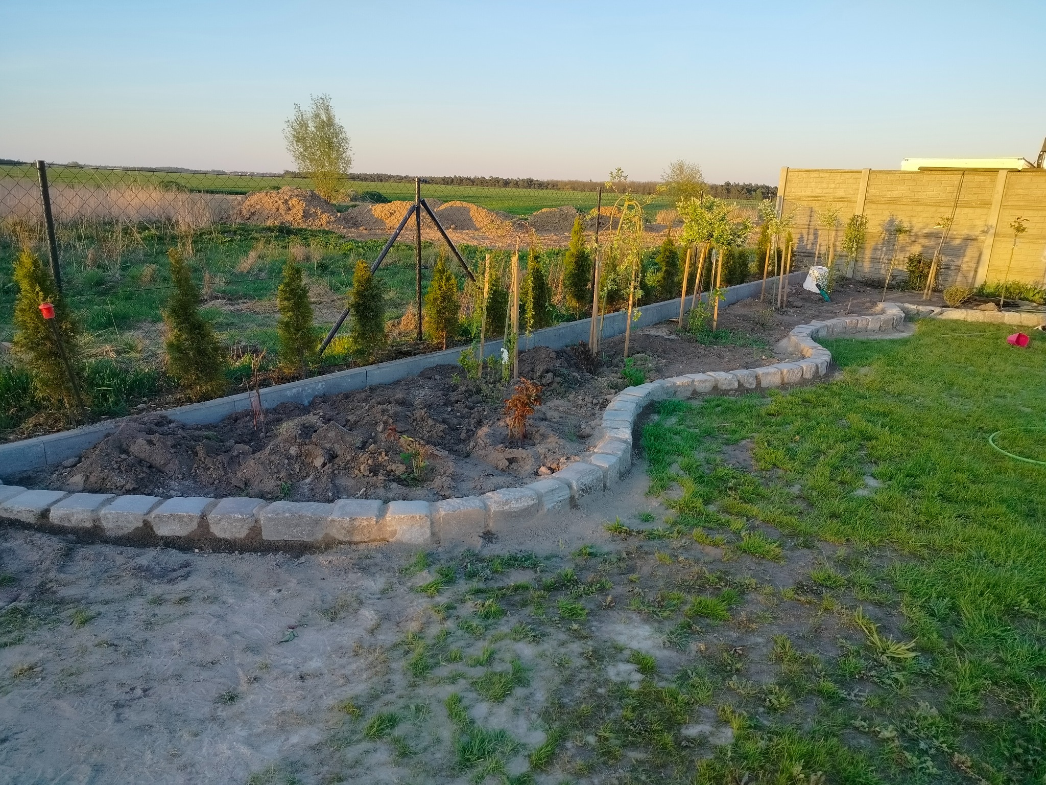 Kaskadowy klomb z kostki obrzeżowej w ogrodzie, świeżo posadzone drzewka, ziemia przygotowana pod nasadzenia, w tle zielone pole i ogrodzenie z siatki.