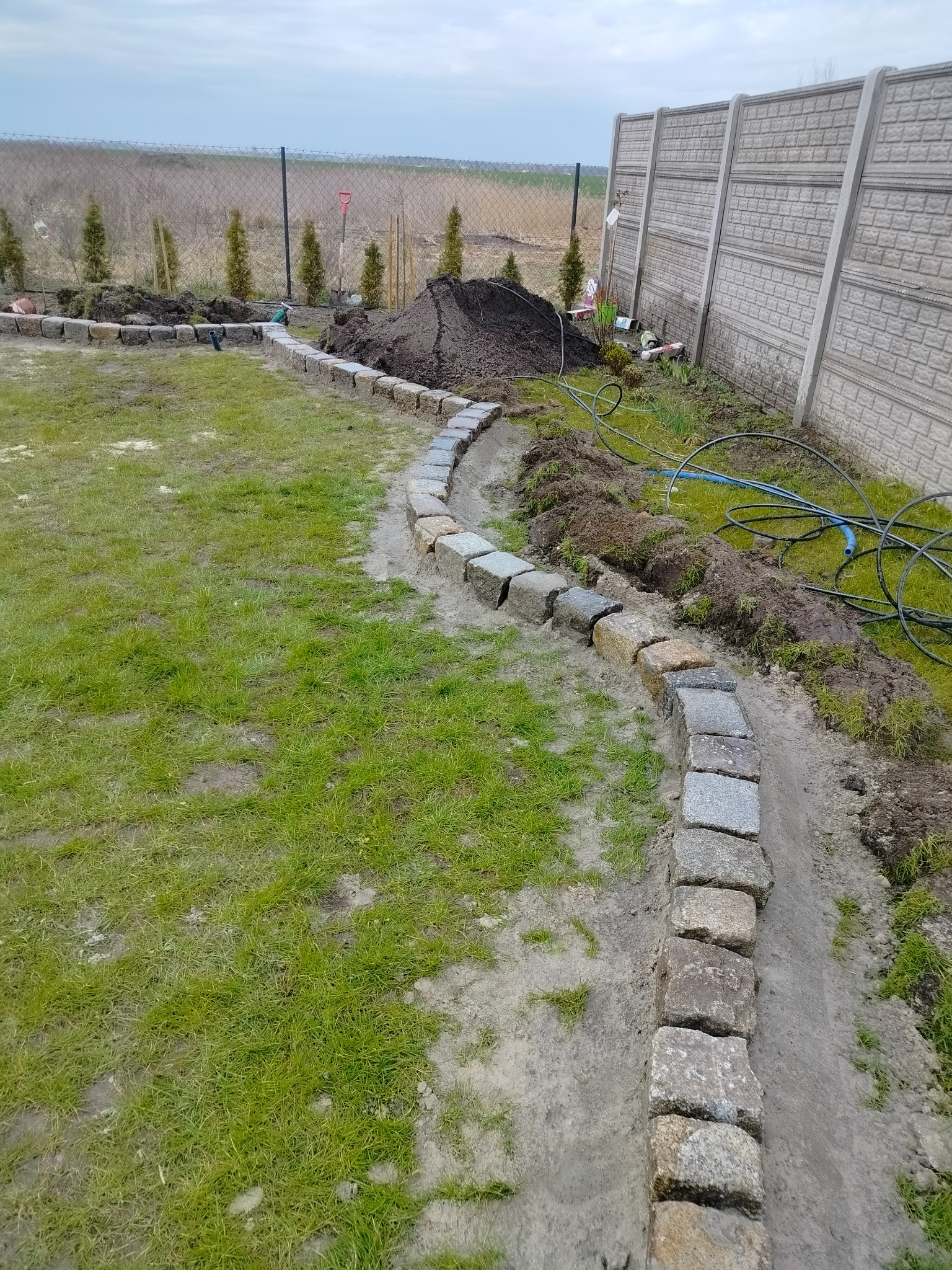 Wykopany rów z ułożoną kostką granitową wzdłuż trawnika, widoczne nasadzenia roślin, ziemia i ogrodzenie panelowe. Prace brukarskie w toku.