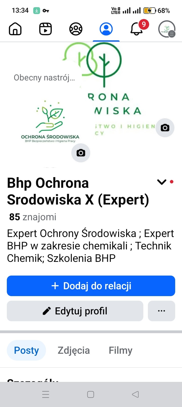 Ekran smartfona z profilem firmy BHP Ochrona Środowiska X, zawierający logo firmy, opis działalności i przyciski interakcji. Widoczne logo i informacje o szkoleniach BHP.