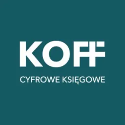 Logo firmy KOFF CYFROWE KSIĘGOWE na turkusowym tle. Biały, pogrubiony napis 'KOFF' nad napisem 'CYFROWE KSIĘGOWE' mniejszą czcionką.