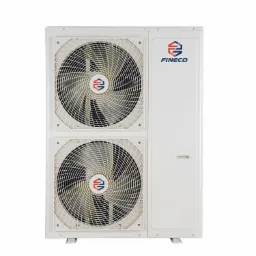 Biała pompa ciepła z dwoma wentylatorami i logo FINECO w prawym górnym rogu.