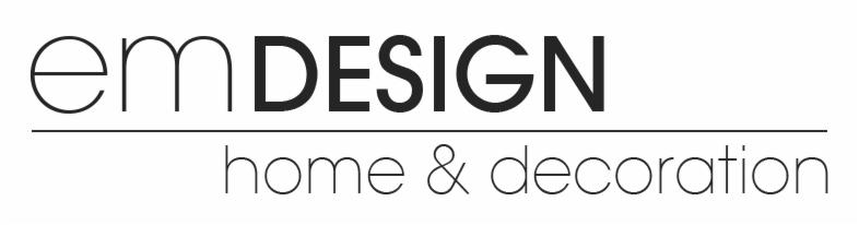 Logo firmy emDESIGN home & decoration, minimalistyczny design z cienkimi liniami i czarnym tekstem na białym tle.