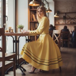 SAPSAN CRAFT Sp. z o.o. - Kobieta w żółtej sukience z długim rękawem siedzi przy stoliku w kawiarni. Sukienka ma czarne paski na dole. W tle regał z książkami i inne osoby.