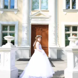 Dziewczynka w białej sukience komunijnej, z wiankiem na głowie, stojąca na schodach przed budynkiem z kolumnami, spogląda w stronę fotografa.