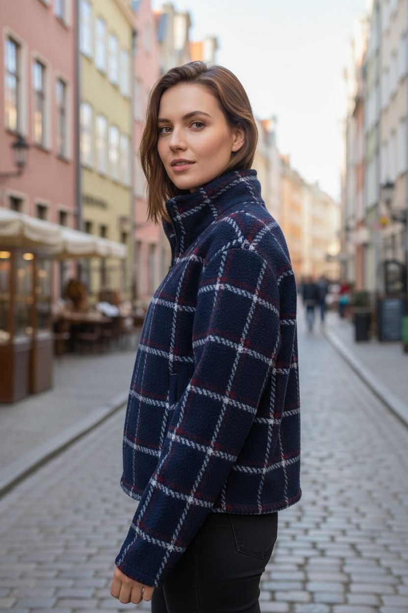Kobieta prezentuje granatową kurtkę w kratę na tle ulicy. Kurtka zapinana na zamek, z wysokim kołnierzem. Widoczne detale wykończenia i faktura materiału.