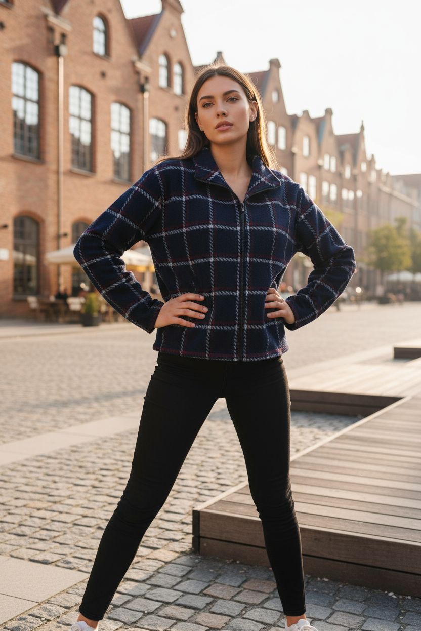 Modelka prezentuje granatową kurtkę w kratę z suwakiem, na tle miejskiej architektury z czerwonej cegły. Całość w ciepłej tonacji.