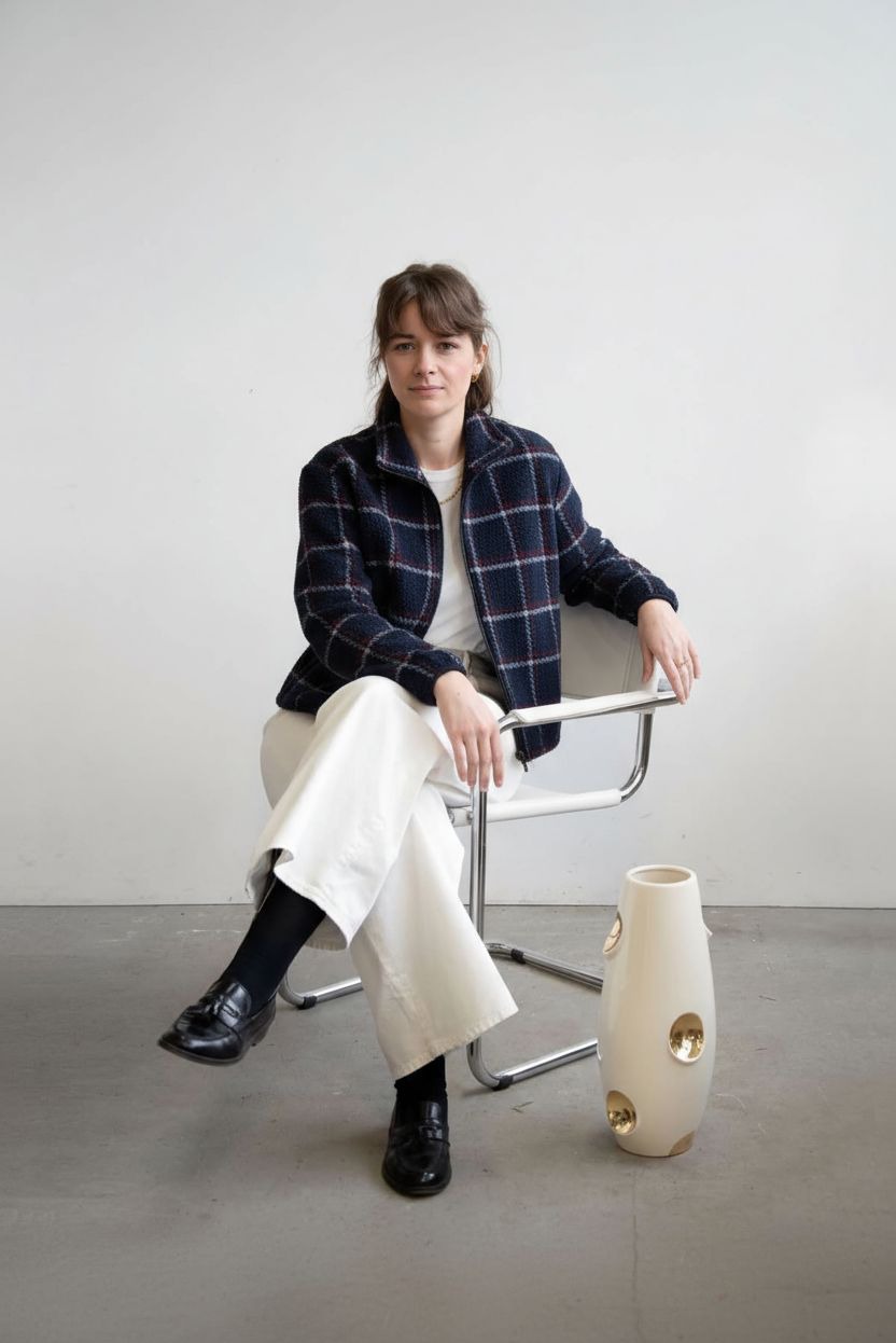 Kobieta w kraciastej kurtce, siedząca na krześle w Gdańsku. Widoczna kurtka z zamkiem, biała koszulka i spodnie. Obok stoi wazon z wyciętymi okręgami.