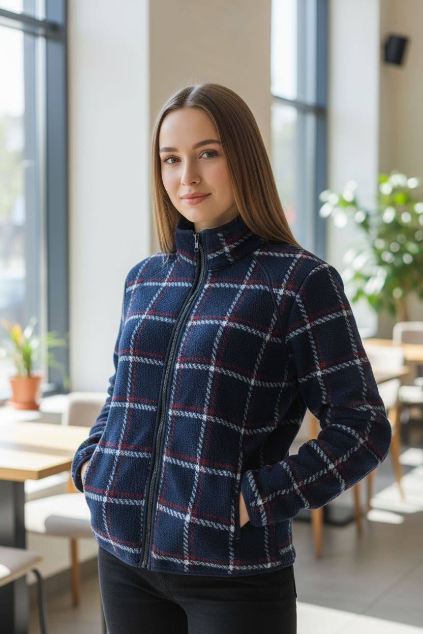 Portret kobiety w granatowej bluzie polarowej w kratę z suwakiem, na tle jasnego wnętrza z oknem i roślinami. Dłonie w kieszeniach.