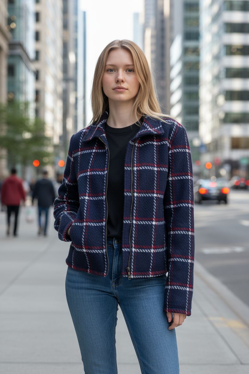 Modelka w kraciastej, zapinanej kurtce na tle miejskiej ulicy. Kurtka w odcieniach granatu, bieli i czerwieni. Ulica z budynkami w tle.