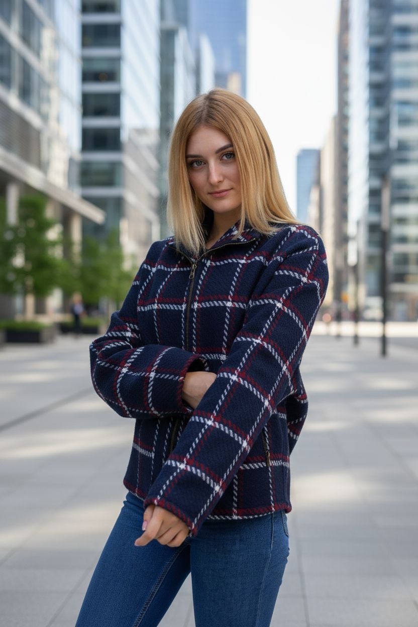 Młoda blondynka w niebieskiej, kraciastej kurtce na zamek, pozuje na tle nowoczesnej architektury miejskiej. Kurtka ma wzór w biało-czerwone kraty.