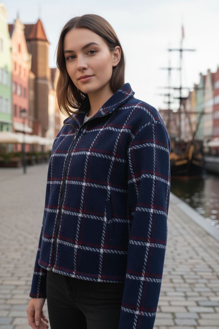 Kobieta w niebieskiej, kraciastej kurtce na tle zabudowy miejskiej z żaglowcem. Kurtka zapinana na zamek, z wyraźnym wzorem kraty i ciemnymi spodniami.
