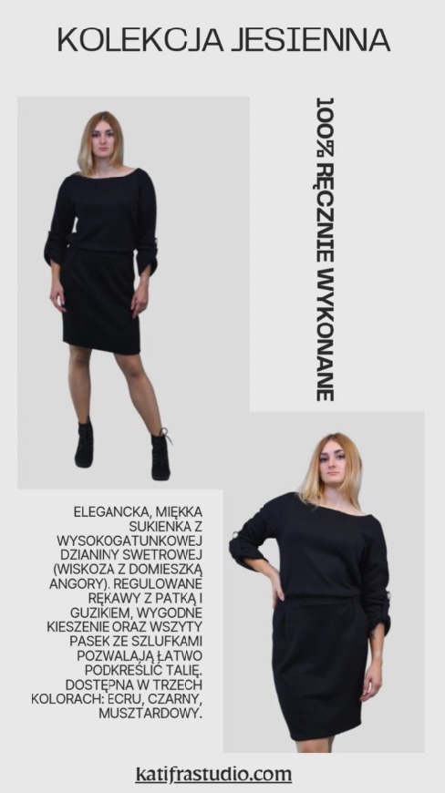 Jesienna kolekcja: elegancka, czarna sukienka z dzianiny swetrowej z regulowanymi rękawami, dostępna w trzech kolorach, prezentowana na modelce.
