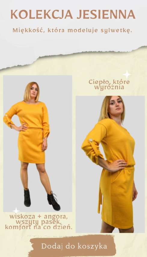 Jesienna kolekcja: żółta sukienka z wiskozy i angory, modelująca sylwetkę, z wszytym paskiem, zapewniająca komfort na co dzień. Prezentacja w dwóch ujęciach.