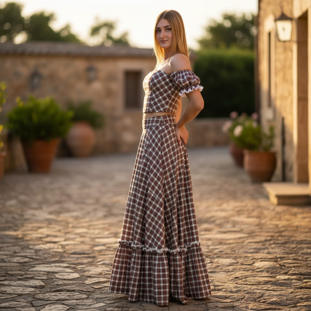 Uśmiechnięta blondynka w brązowo-białym komplecie w kratę (top i długa spódnica) pozuje na kamiennym dziedzińcu w ciepłym, naturalnym świetle.