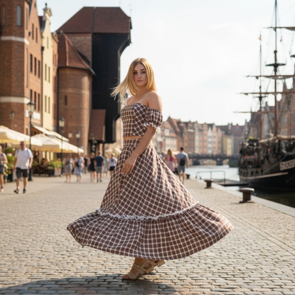 Kobieta w brązowym, kraciastym komplecie (top i długa spódnica) pozuje na tle gdańskiej starówki. Uwagę zwraca zwiewny krój spódnicy i dopasowany top.
